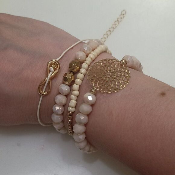 Sweet Peach Gold Stacked Beaded Bracelets - Picture 6 of 7